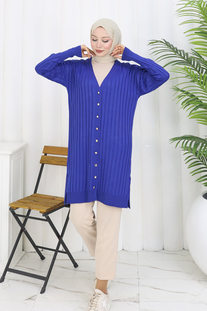 BNG Women Kendinden Çizgili Uzun Merserize Hırka N3179 Saks Mavisi - Iormughanlo