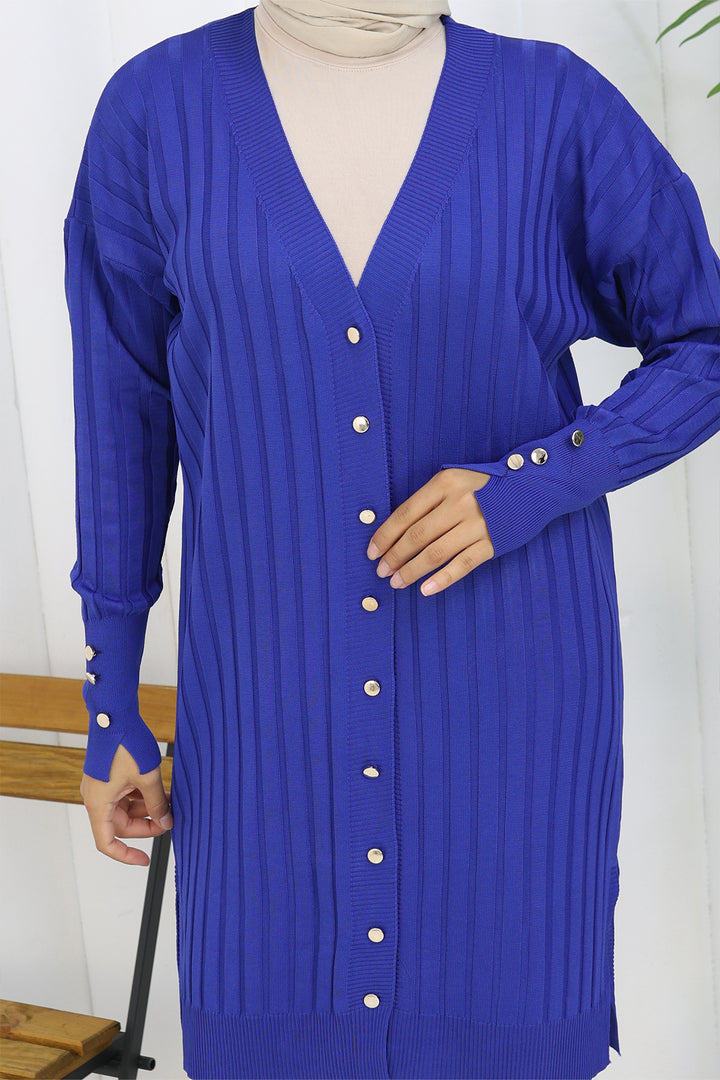 BNG Women Kendinden Çizgili Uzun Merserize Hırka N3179 Saks Mavisi - Iormughanlo