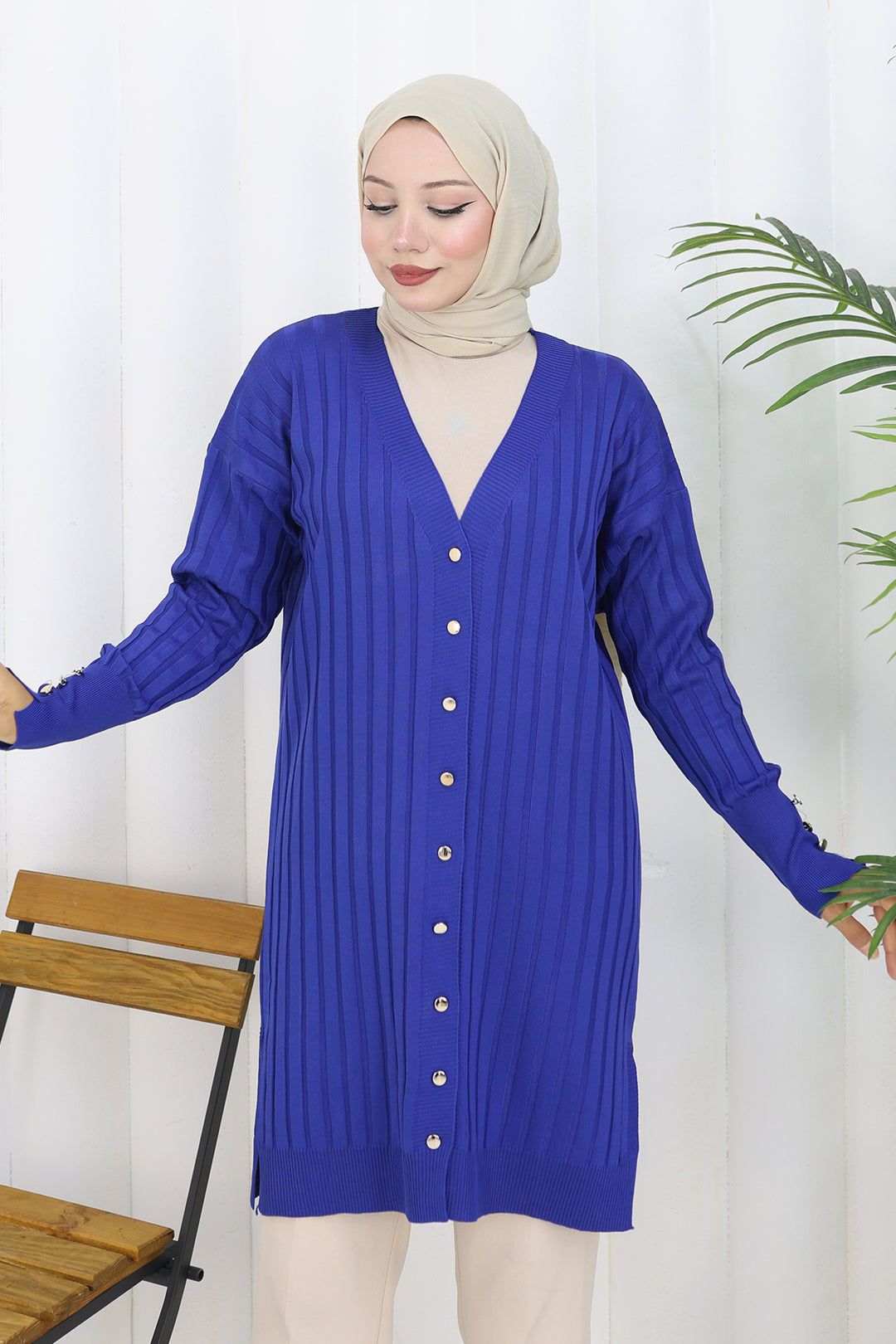 BNG Women Kendinden Çizgili Uzun Merserize Hırka N3179 Saks Mavisi - Iormughanlo