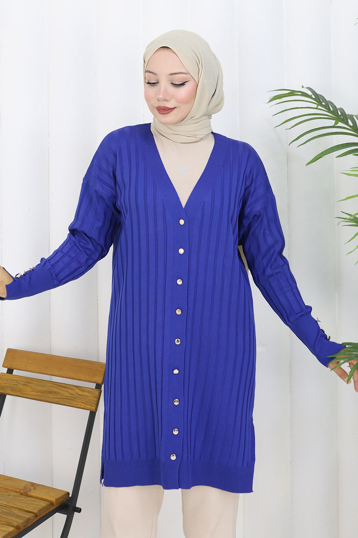 BNG Women Kendinden Çizgili Uzun Merserize Hırka N3179 Saks Mavisi - Iormughanlo