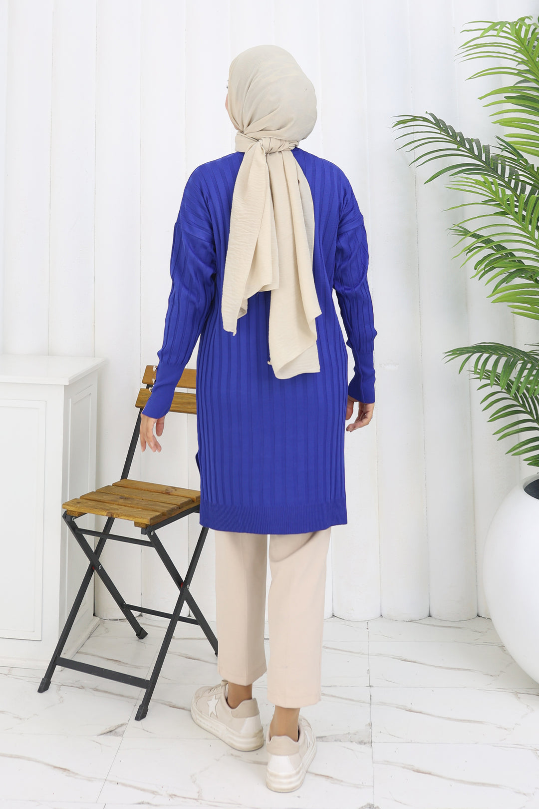 BNG Women Kendinden Çizgili Uzun Merserize Hırka N3179 Saks Mavisi - Iormughanlo