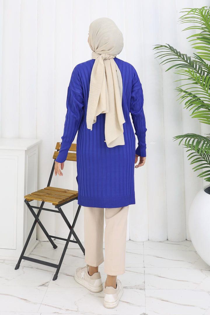 BNG Women Kendinden Çizgili Uzun Merserize Hırka N3179 Saks Mavisi - Iormughanlo