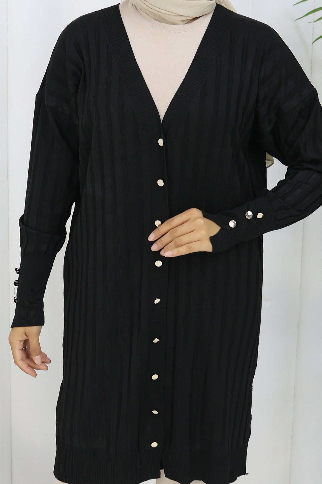 BNG Women Kendinden Çizgili Uzun Merserize Hırka N3179 Siyah - Hoorn