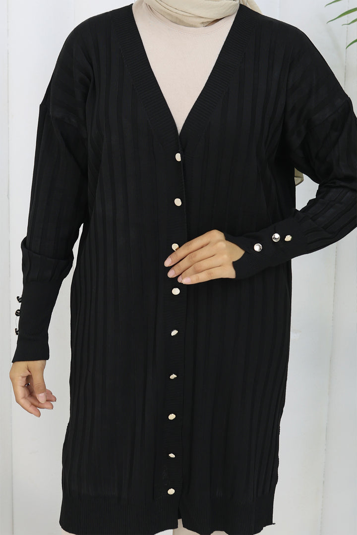 BNG Women Kendinden Çizgili Uzun Merserize Hırka N3179 Siyah - Hoorn