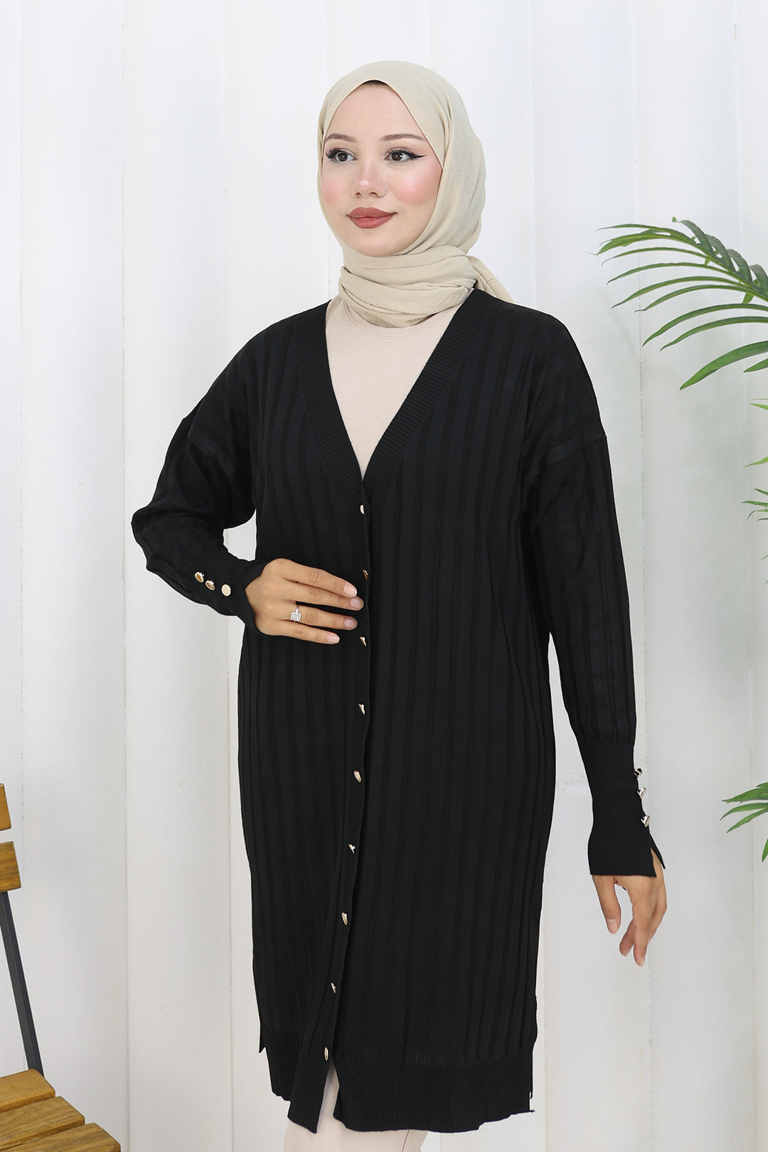 BNG Women Kendinden Çizgili Uzun Merserize Hırka N3179 Siyah - Hoorn