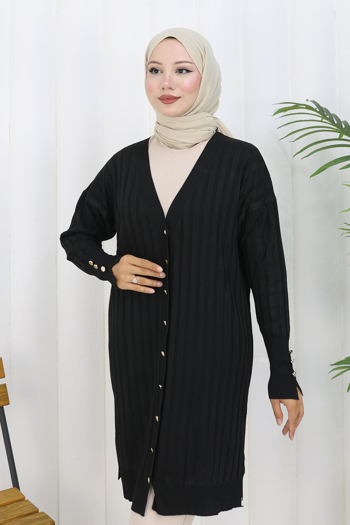 BNG Women Kendinden Çizgili Uzun Merserize Hırka N3179 Siyah - Hoorn