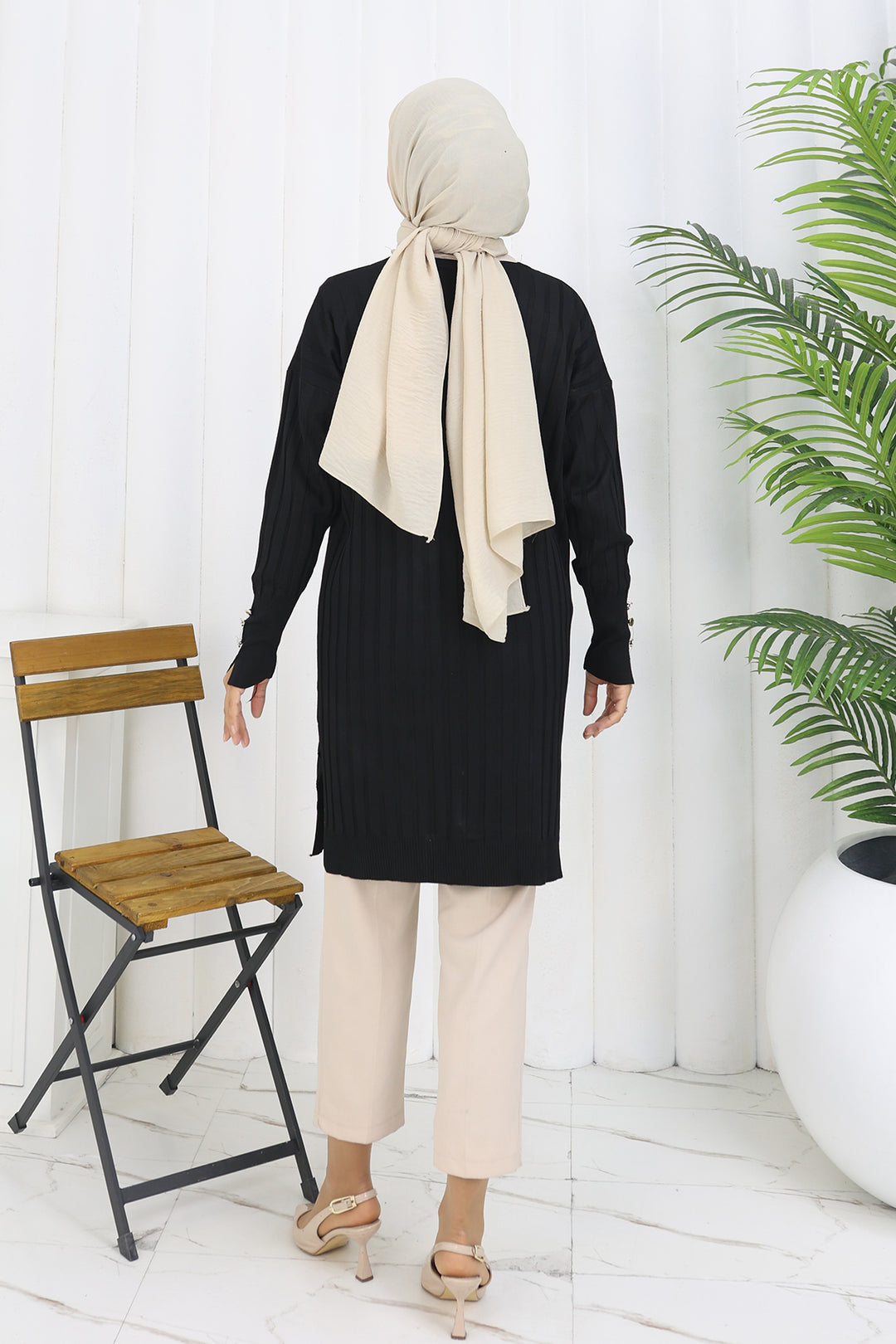 BNG Women Kendinden Çizgili Uzun Merserize Hırka N3179 Siyah - Hoorn