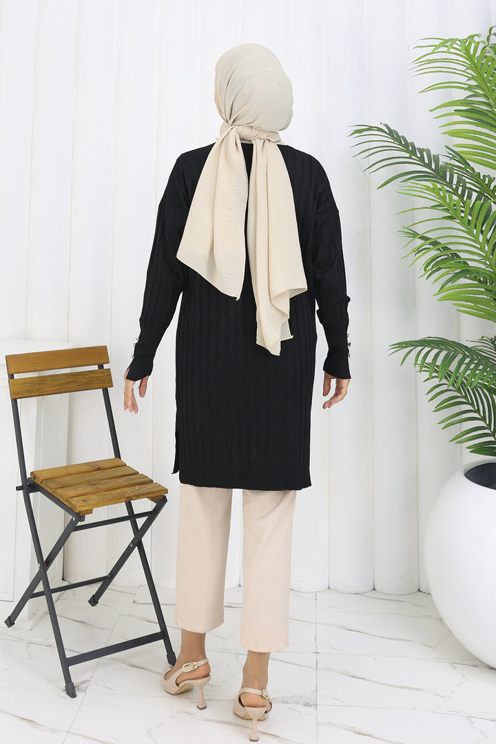 BNG Women Kendinden Çizgili Uzun Merserize Hırka N3179 Siyah - Hoorn