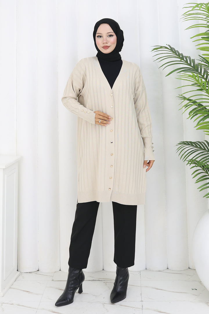 BNG Women Kendinden Çizgili Uzun Merserize Hırka N3179 Taş Rengi - Dearborn