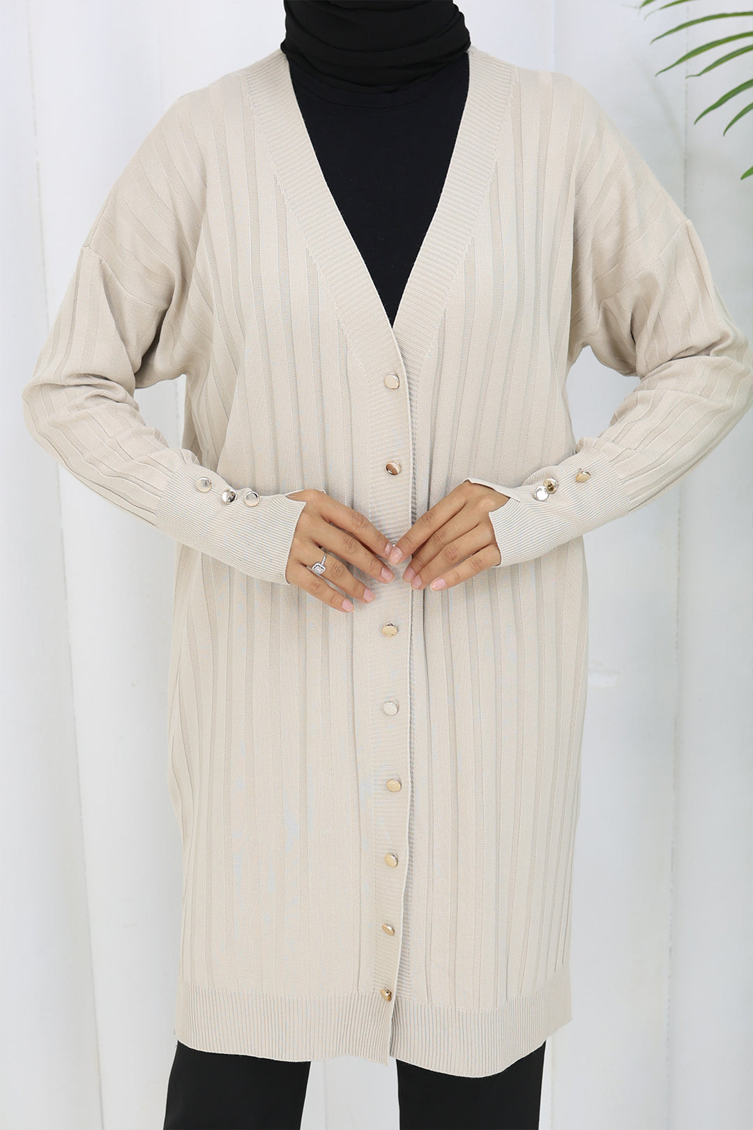 BNG Women Kendinden Çizgili Uzun Merserize Hırka N3179 Taş Rengi - Dearborn