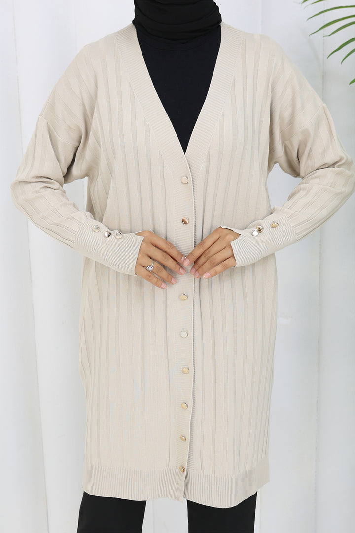 BNG Women Kendinden Çizgili Uzun Merserize Hırka N3179 Taş Rengi - Dearborn