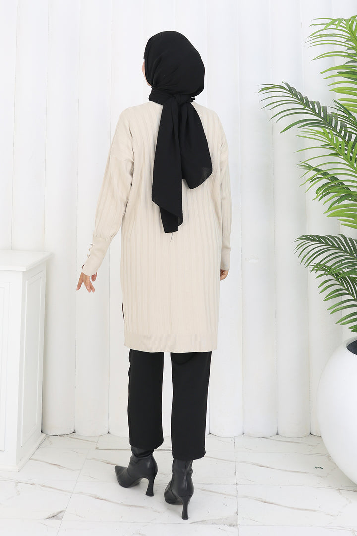 BNG Women Kendinden Çizgili Uzun Merserize Hırka N3179 Taş Rengi - Dearborn