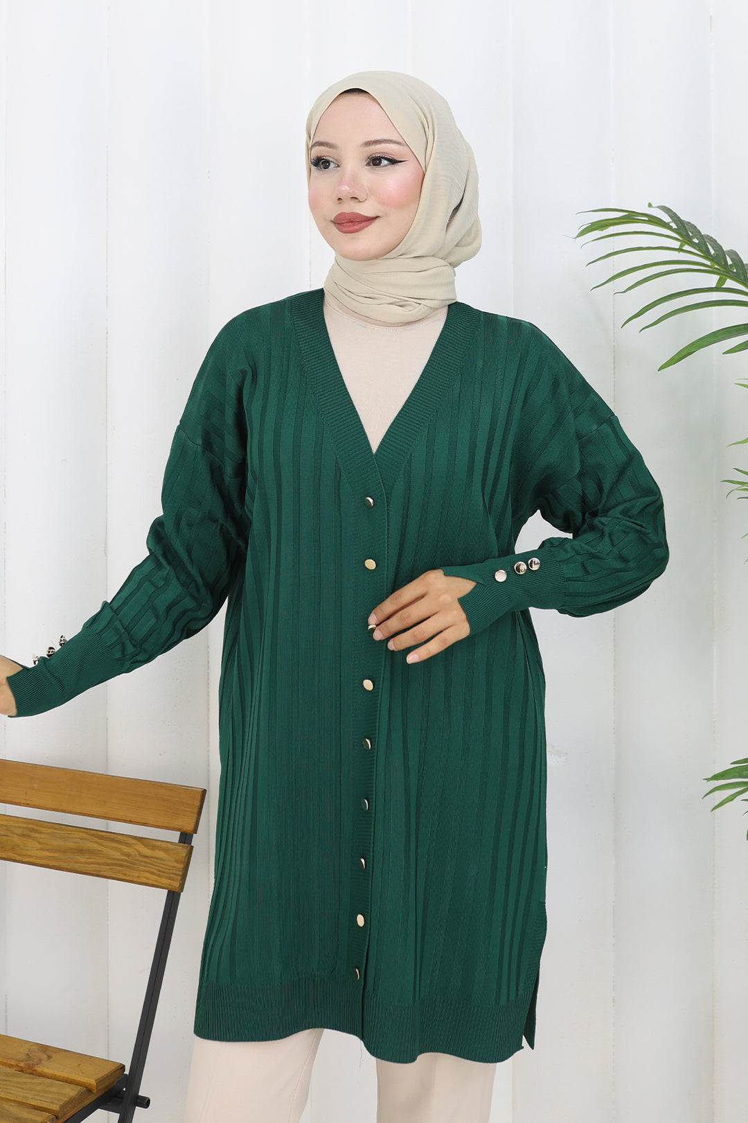 BNG Women Kendinden Çizgili Uzun Merserize Hırka N3179 Zümrüt Yeşili - Saratoga Springs