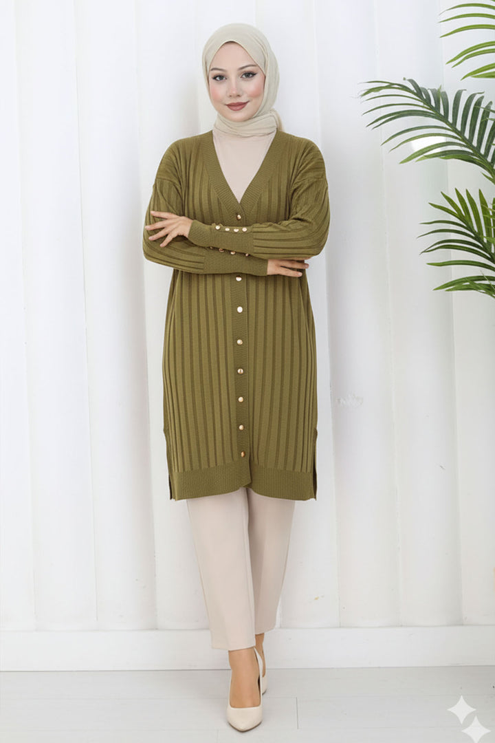 BNG Women Kendinden Çizgili Uzun Merserize Hırka N3179 Yağ Yeşili - Madison