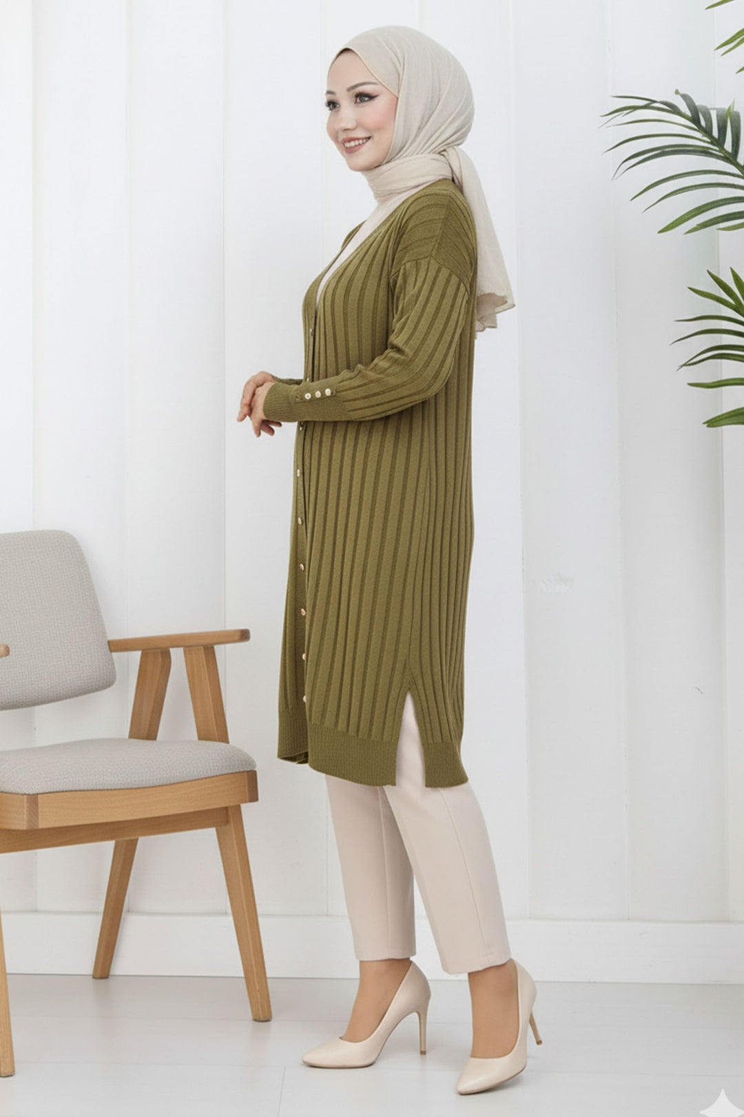 BNG Women Kendinden Çizgili Uzun Merserize Hırka N3179 Yağ Yeşili - Madison