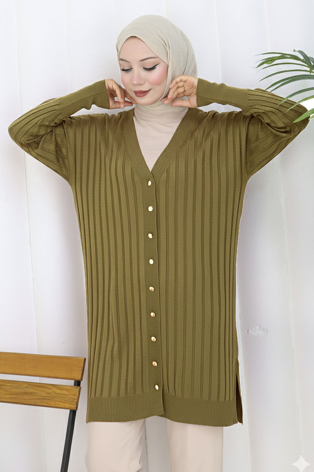 BNG Women Kendinden Çizgili Uzun Merserize Hırka N3179 Yağ Yeşili - Madison