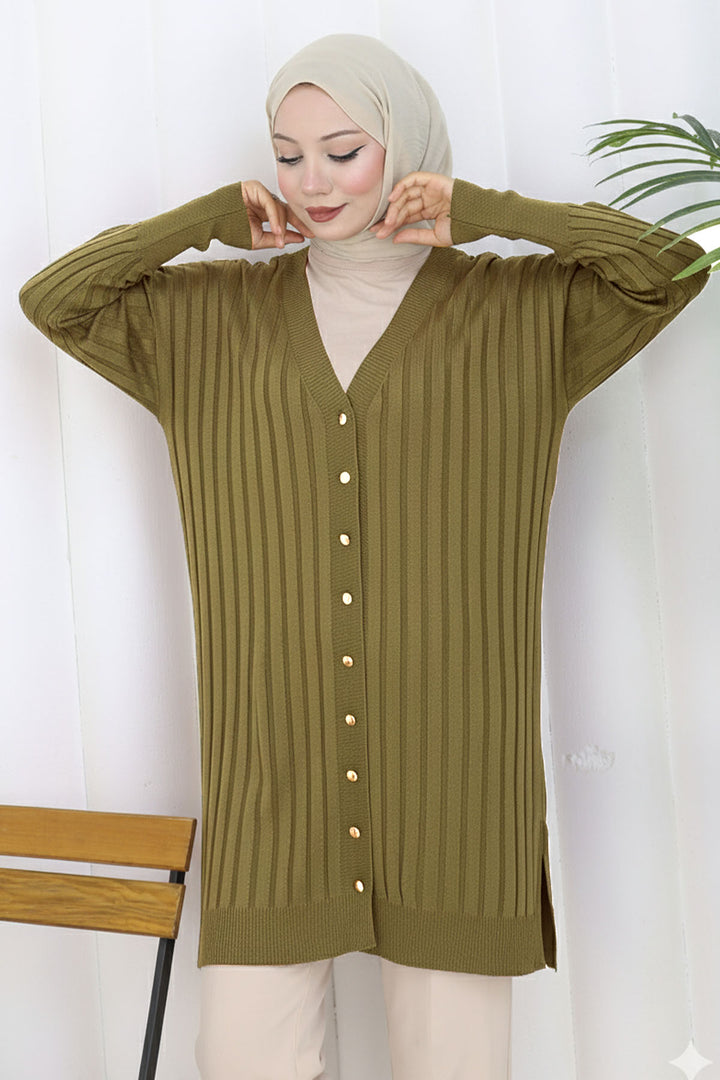 BNG Women Kendinden Çizgili Uzun Merserize Hırka N3179 Yağ Yeşili - Madison