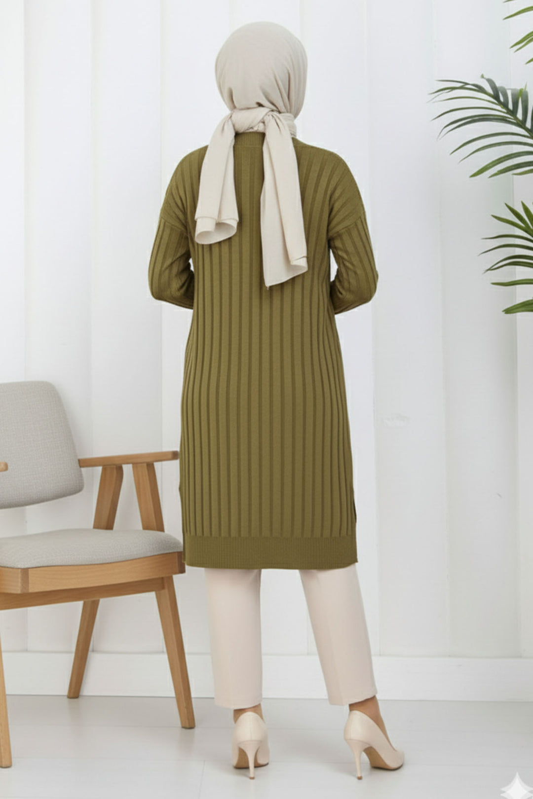 BNG Women Kendinden Çizgili Uzun Merserize Hırka N3179 Yağ Yeşili - Madison