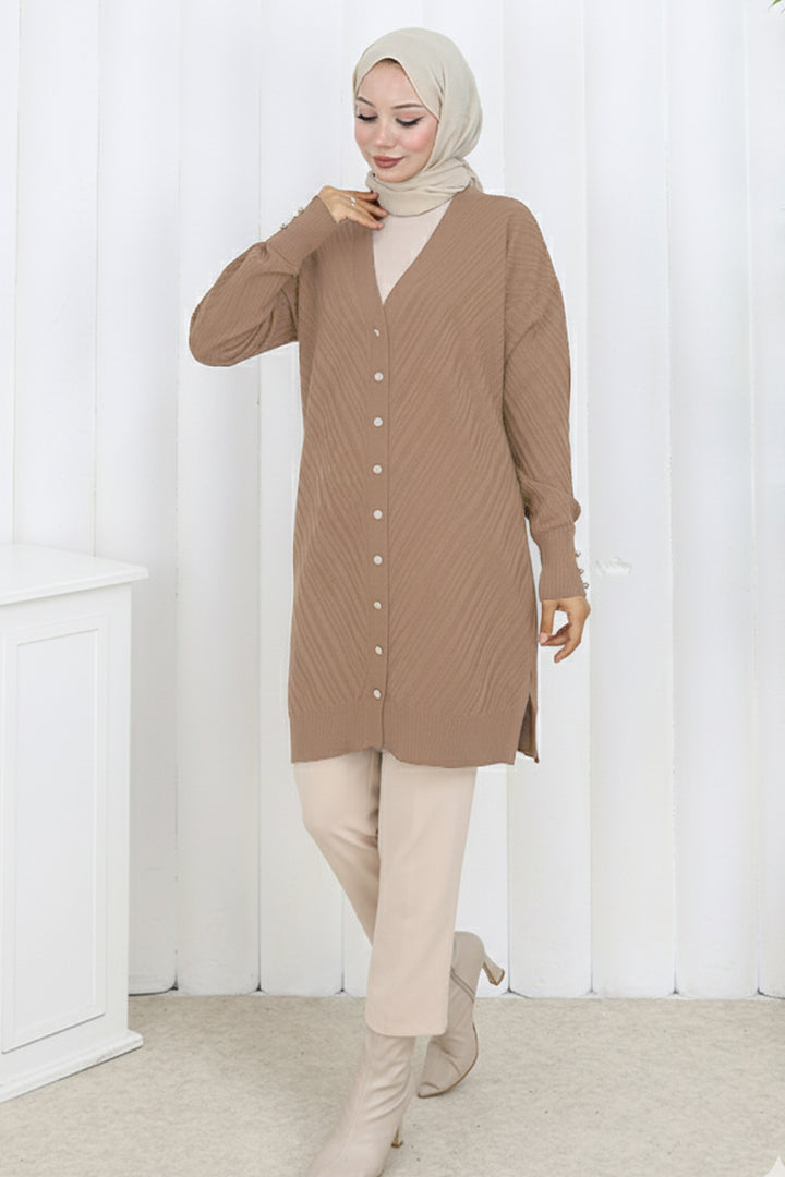BNG Women Desenli Uzun Merserize Hırka N3198 Camel - Loulé