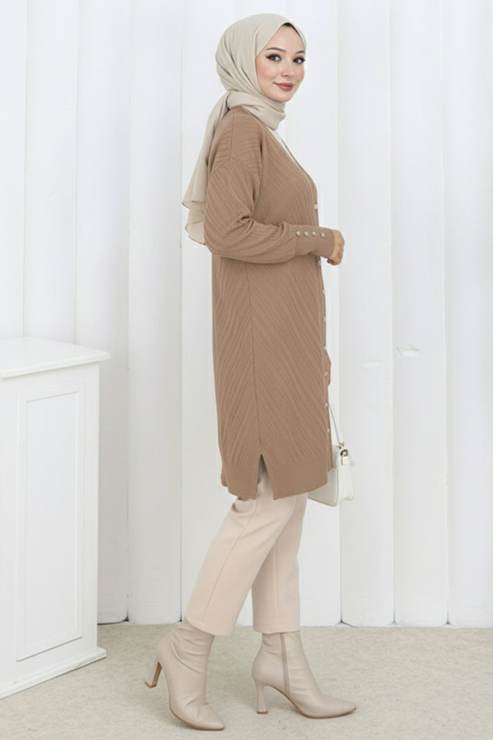 BNG Women Desenli Uzun Merserize Hırka N3198 Camel - Loulé