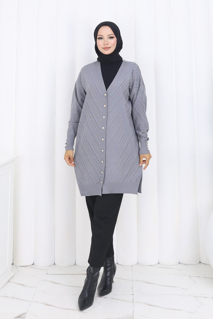 BNG Women Desenli Uzun Merserize Hırka N3198 Gri - The Hague