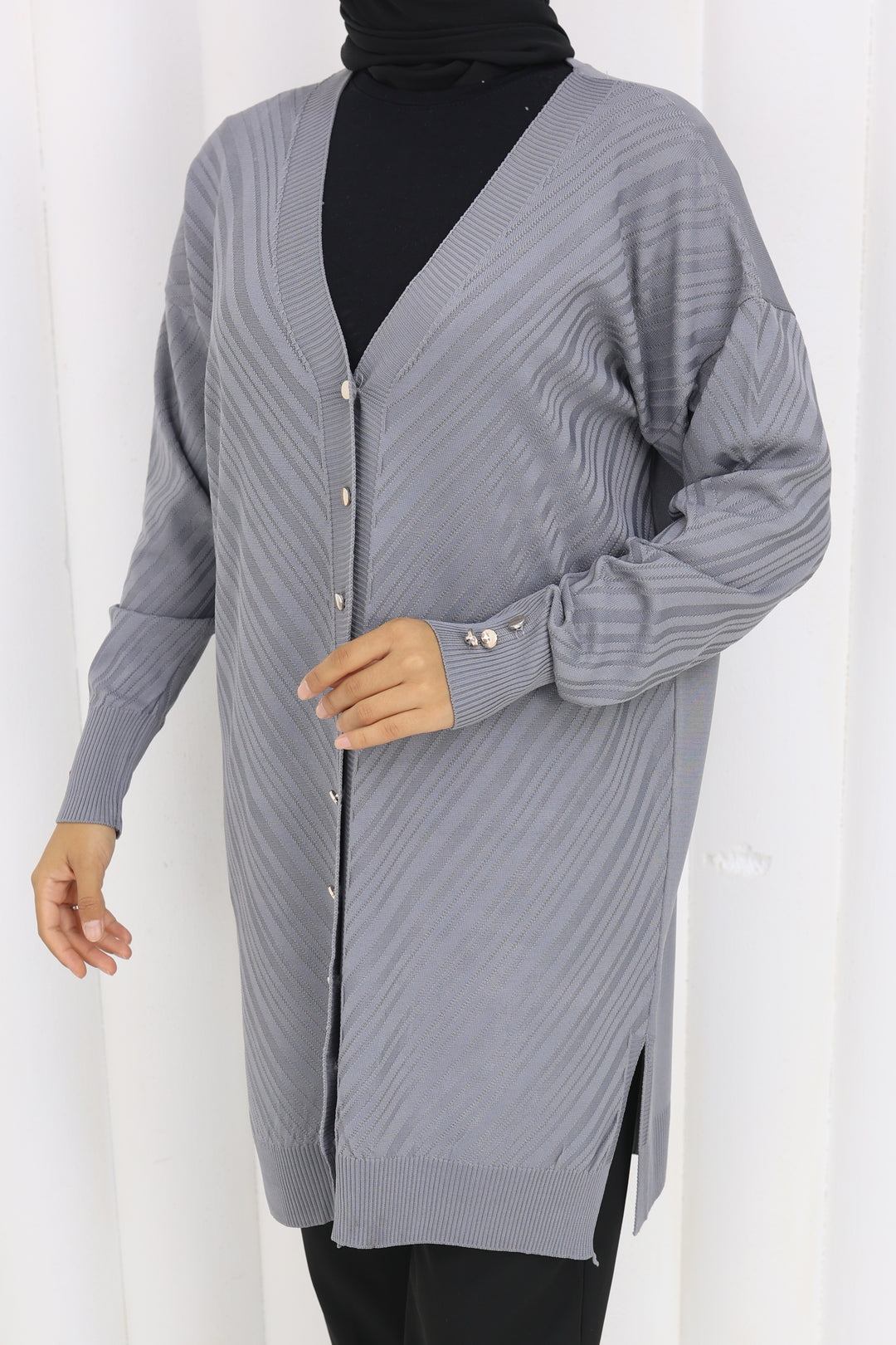 BNG Women Desenli Uzun Merserize Hırka N3198 Gri - The Hague