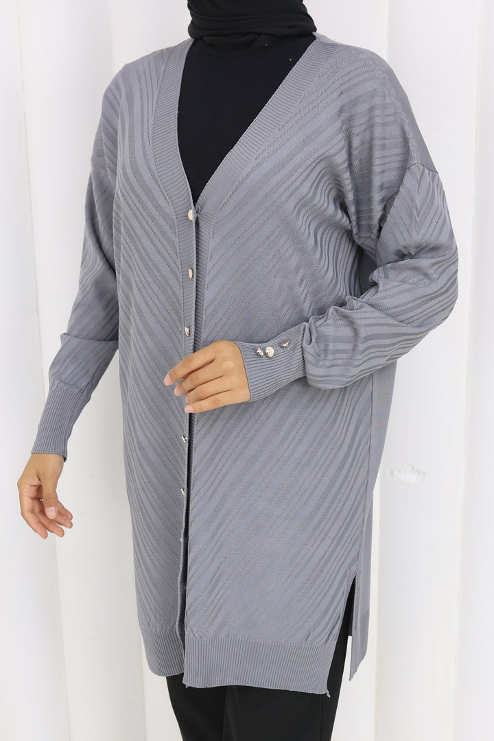 BNG Women Desenli Uzun Merserize Hırka N3198 Gri - The Hague