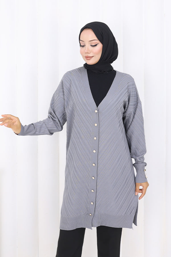 BNG Women Desenli Uzun Merserize Hırka N3198 Gri - The Hague