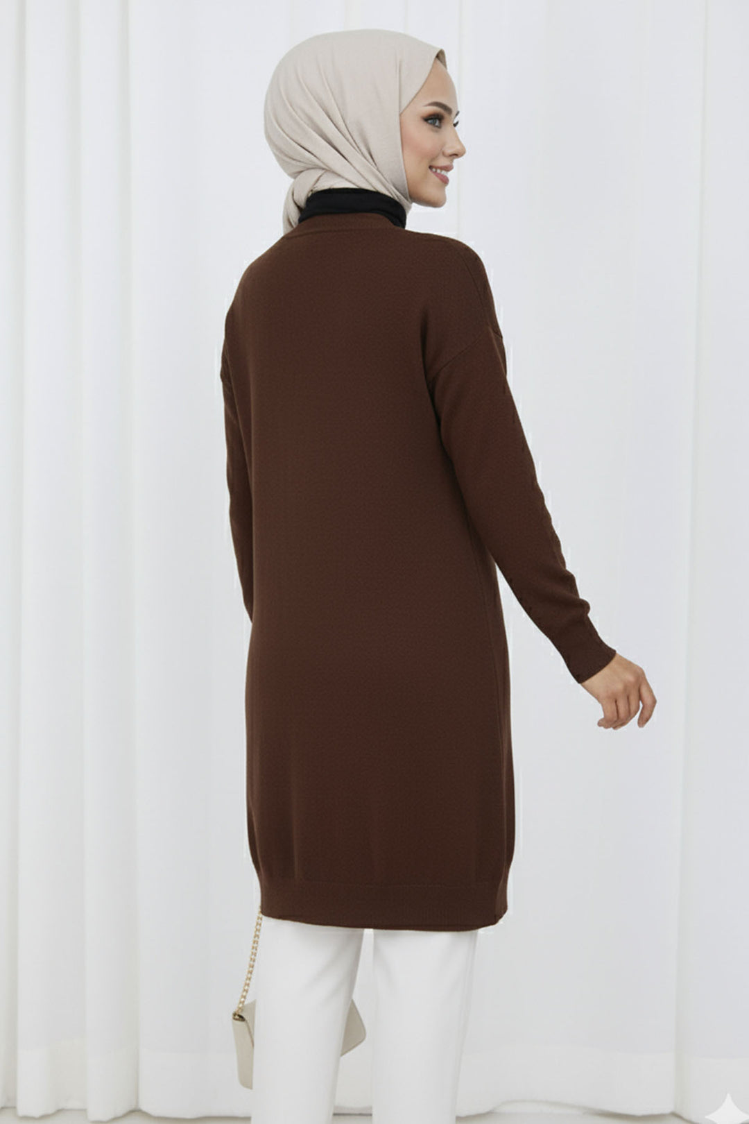 BNG Women Patterned Long Mercerized Cardigan N3198 Brown - Gouda