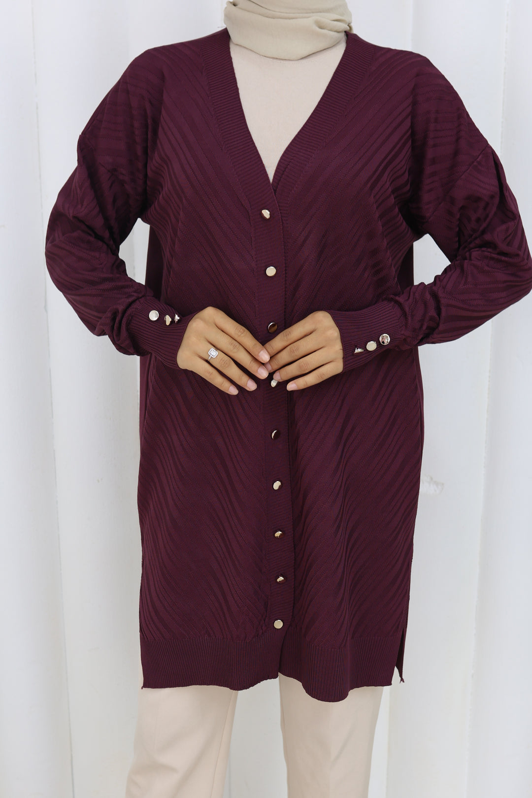 BNG Women Desenli Uzun Merserize Hırka N3198 Mürdüm - Modena