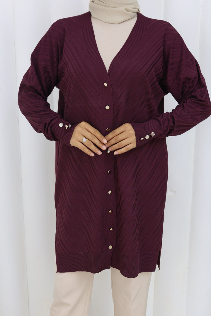 BNG Women Desenli Uzun Merserize Hırka N3198 Mürdüm - Modena