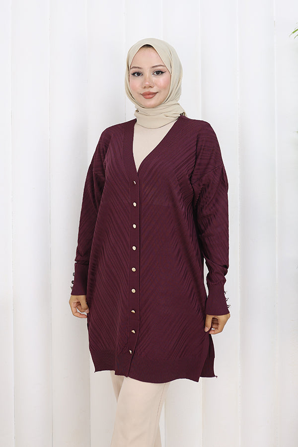 BNG Women Desenli Uzun Merserize Hırka N3198 Mürdüm - Modena