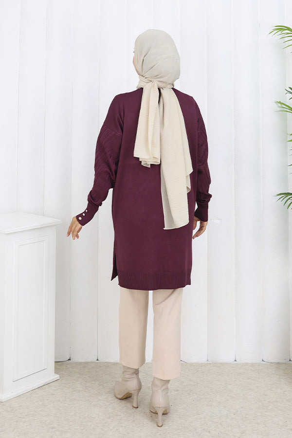 BNG Women Desenli Uzun Merserize Hırka N3198 Mürdüm - Modena