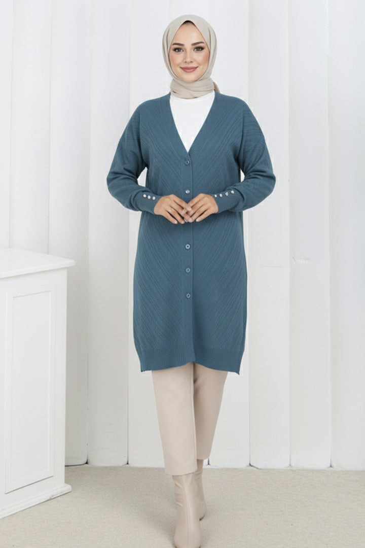 BNG Women Desenli Uzun Merserize Hırka N3198 Petrol - El Puerto de Santa María