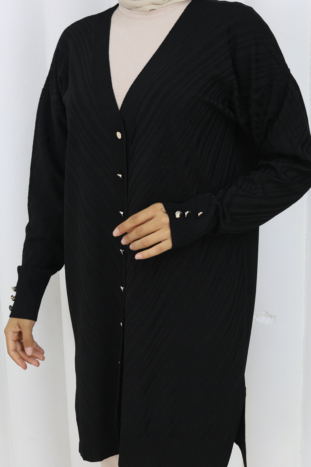 BNG Women Desenli Uzun Merserize Hırka N3198 Siyah - Svitlovodsk