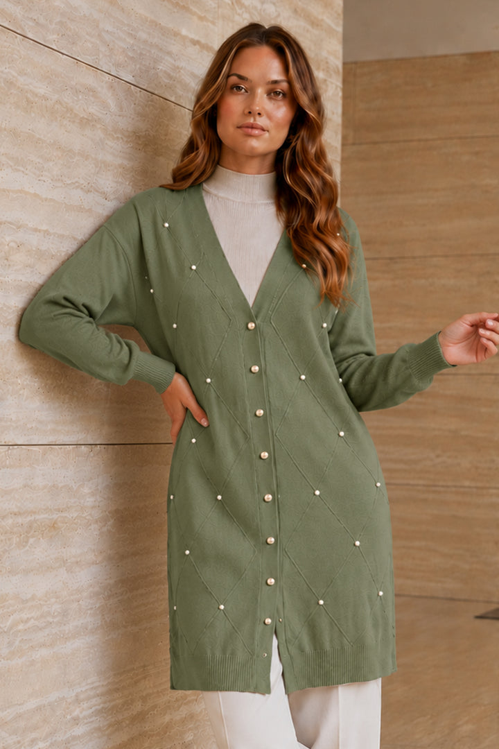 BNG Women Taşlı Baklava Desenli Uzun Hırka N3246 Çağla - Sioux Falls