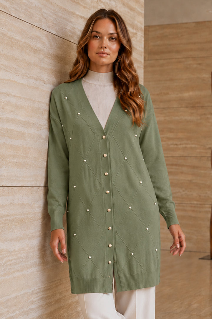 BNG Women Taşlı Baklava Desenli Uzun Hırka N3246 Çağla - Sioux Falls