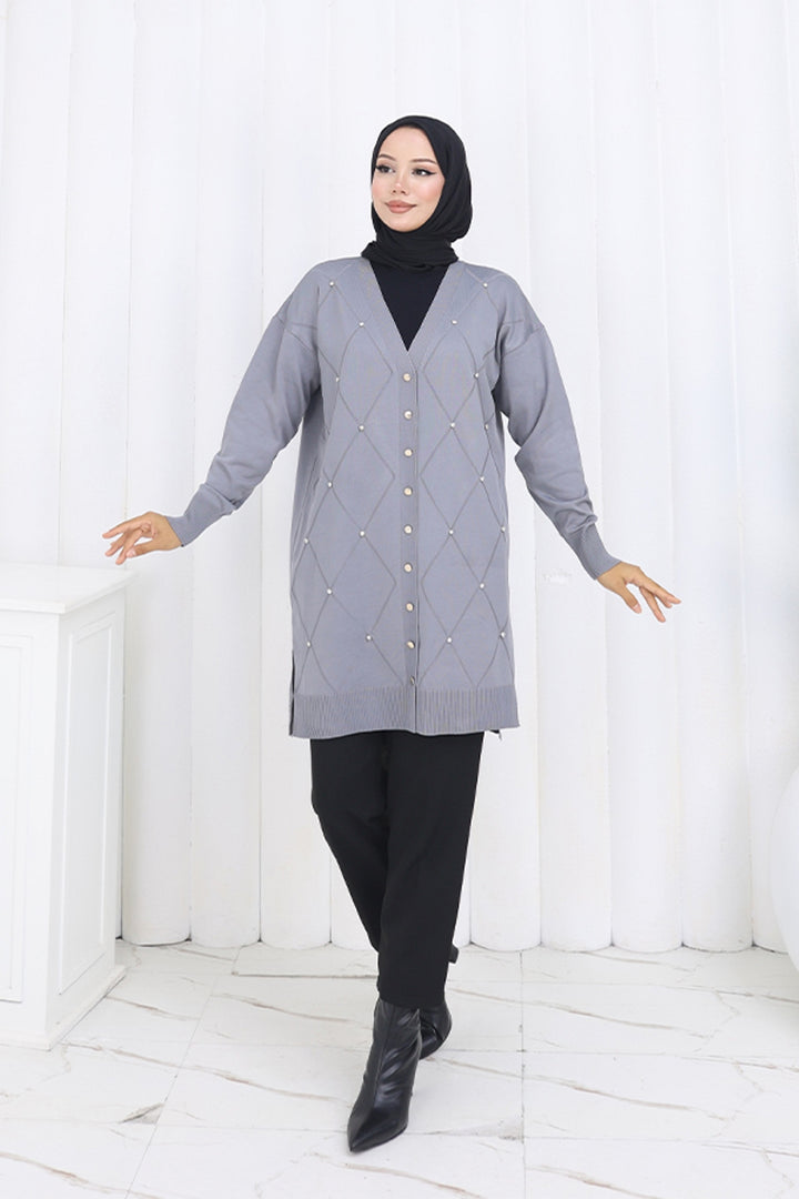 BNG Women Taşlı Baklava Desenli Uzun Hırka N3246 Gri - Colonia del Sol