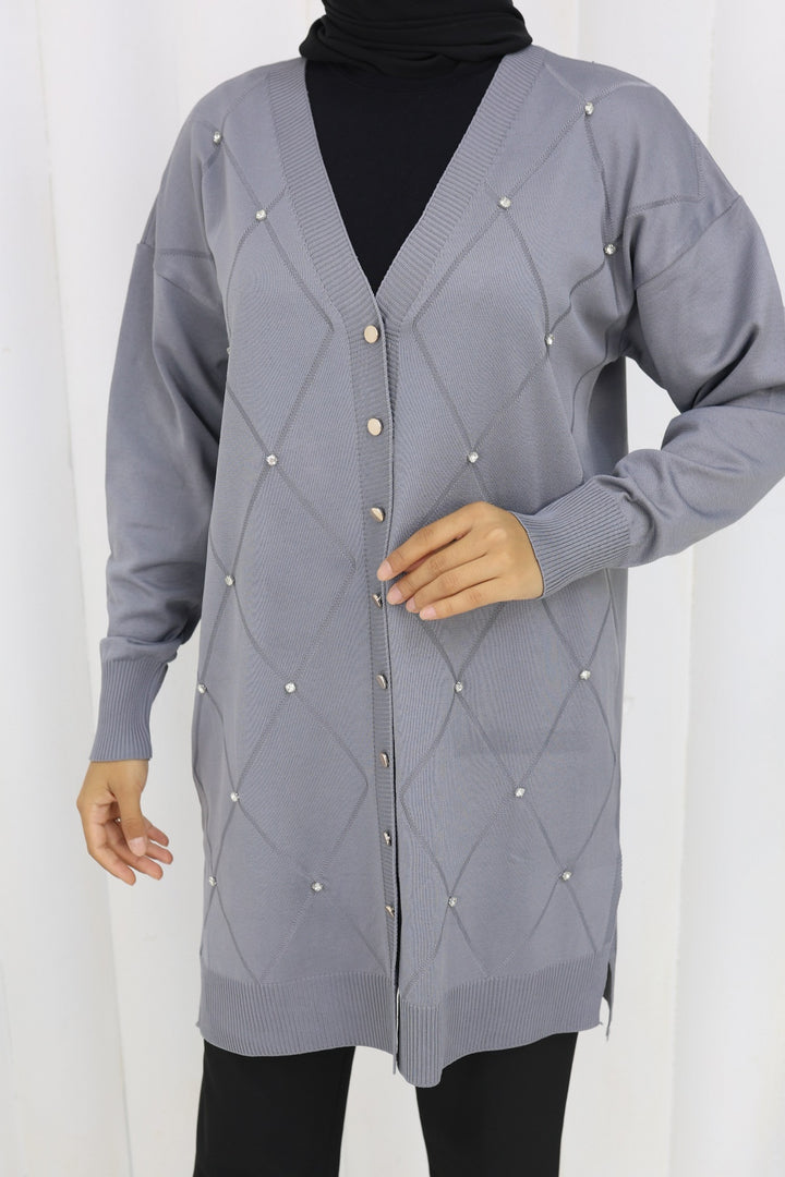 BNG Women Taşlı Baklava Desenli Uzun Hırka N3246 Gri - Colonia del Sol