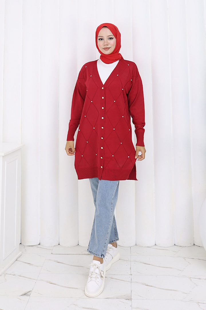 BNG Women Taşlı Baklava Desenli Uzun Hırka N3246 Kırmızı - Woodbridge