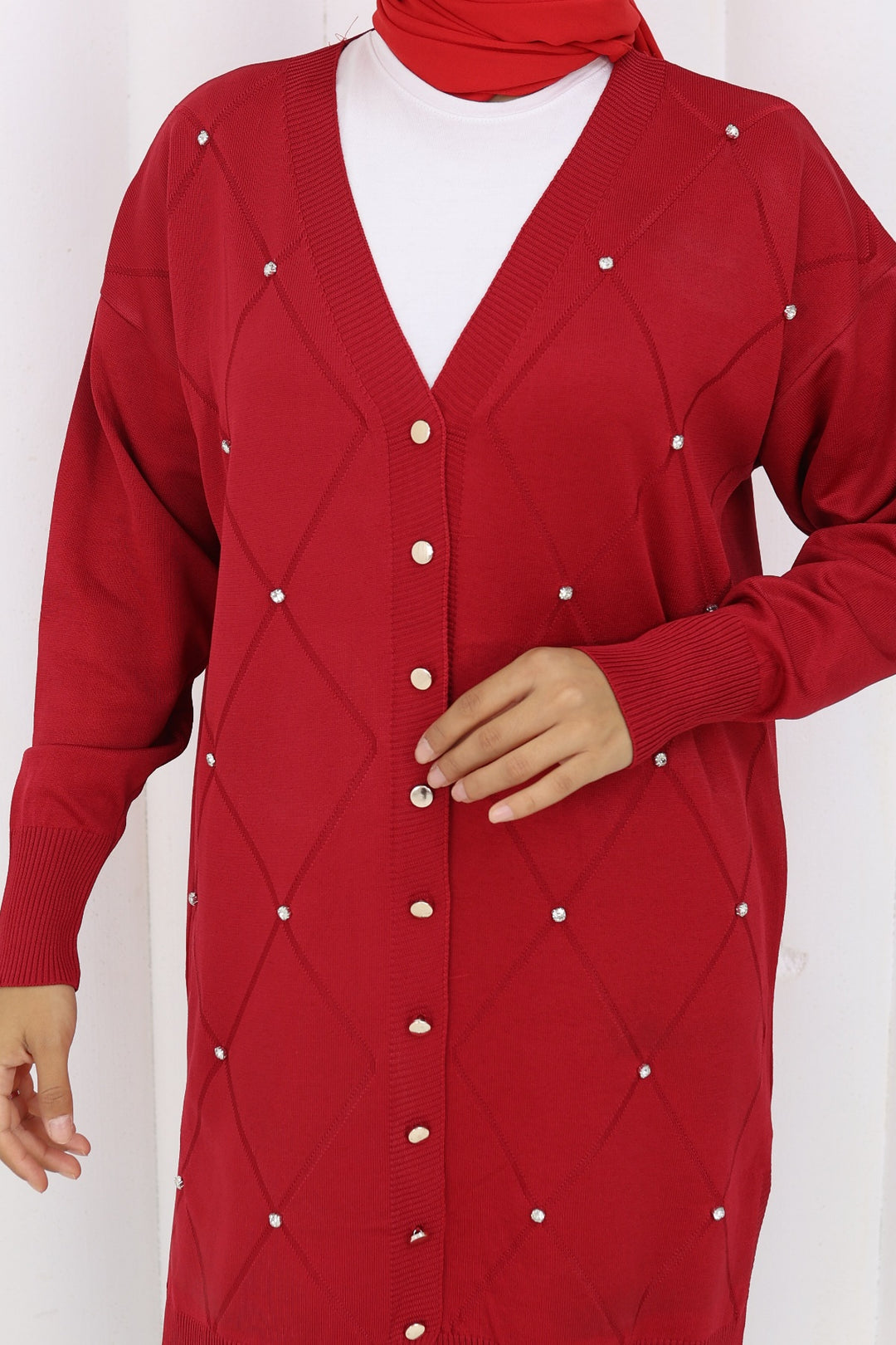 BNG Women Taşlı Baklava Desenli Uzun Hırka N3246 Kırmızı - Woodbridge