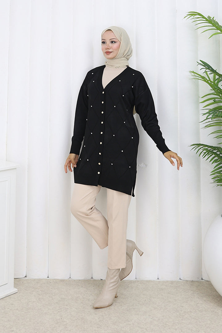 BNG Women Taşlı Baklava Desenli Uzun Hırka N3246 Siyah - Lárisa