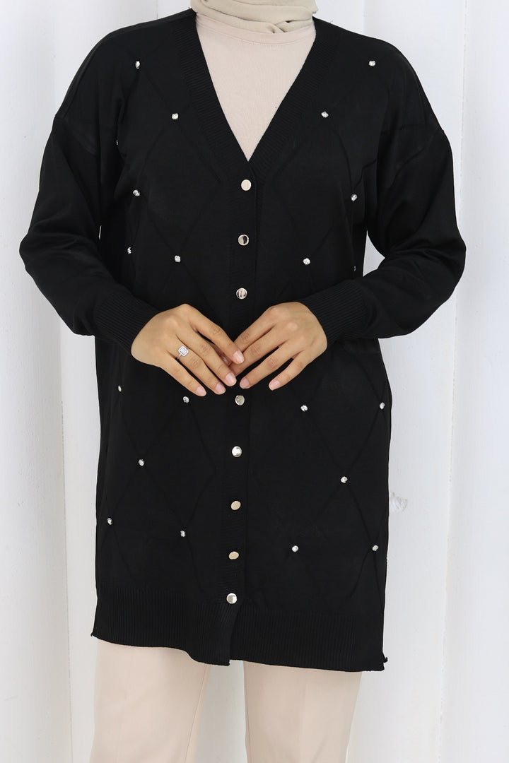 BNG Women Taşlı Baklava Desenli Uzun Hırka N3246 Siyah - Lárisa