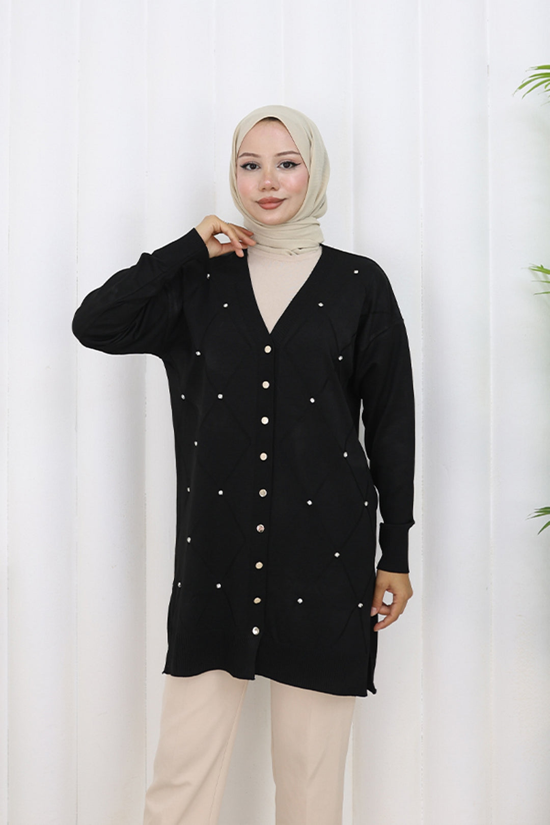 BNG Women Taşlı Baklava Desenli Uzun Hırka N3246 Siyah - Lárisa