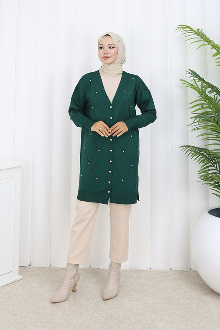 BNG Women Stone-embellished Baklava Pattern Long Cardigan N3246 Emerald Green - Blainville