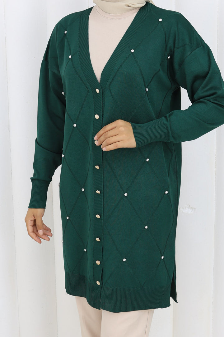BNG Women Stone-embellished Baklava Pattern Long Cardigan N3246 Emerald Green - Blainville