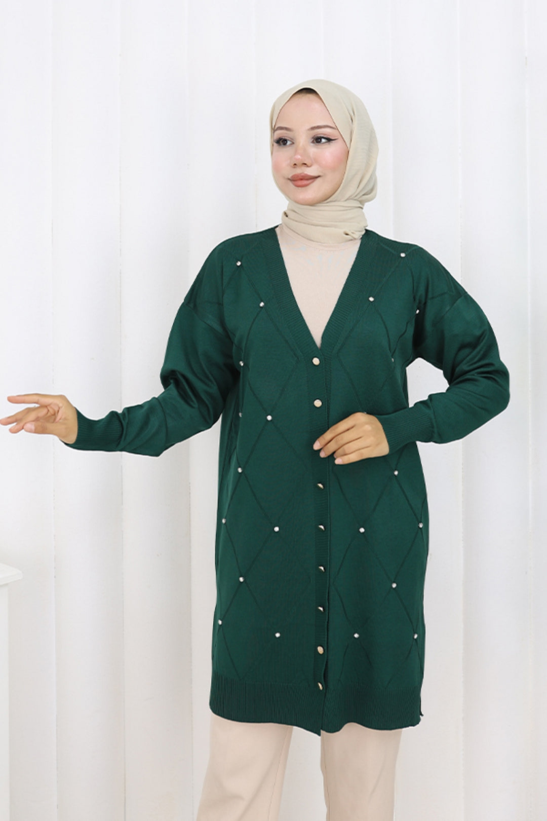 BNG Women Stone-embellished Baklava Pattern Long Cardigan N3246 Emerald Green - Blainville