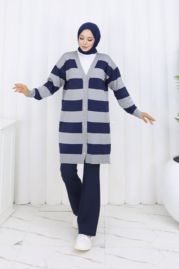 BNG Women Striped Long Mercerized Cardigan N3217 Gray - Chornomorsk