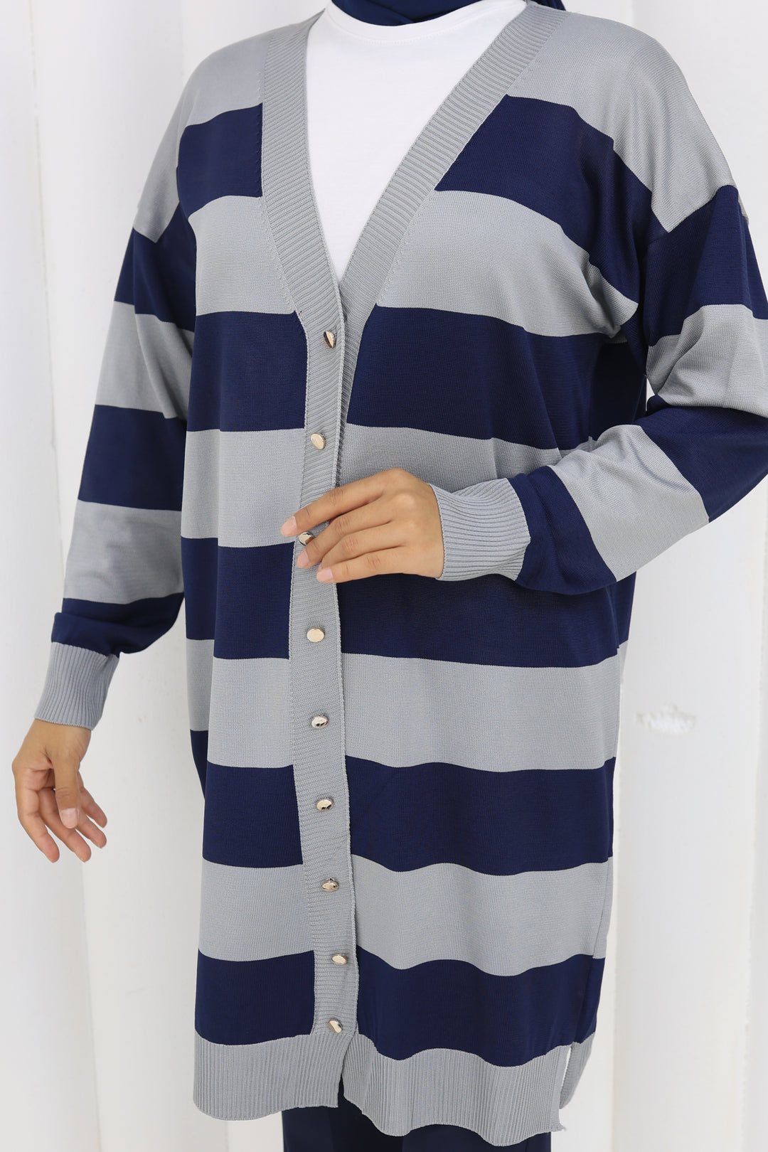 BNG Women Striped Long Mercerized Cardigan N3217 Gray - Chornomorsk