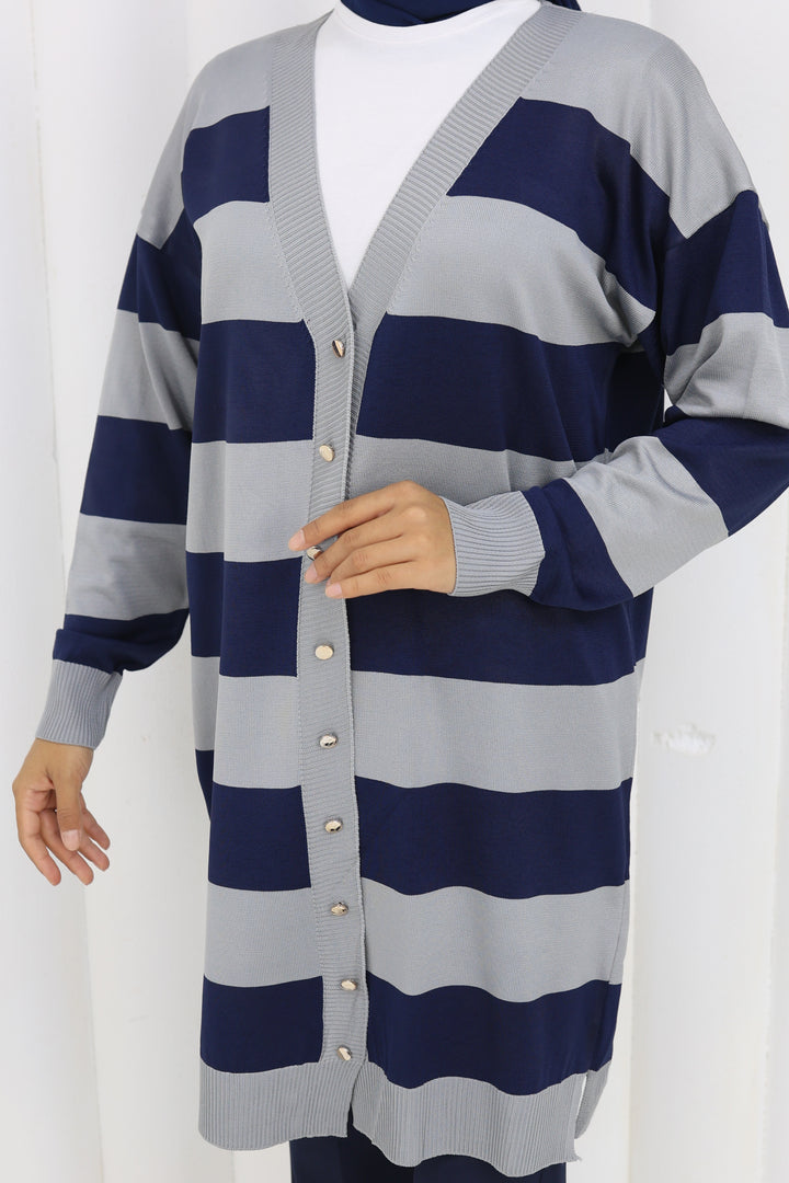 BNG Women Striped Long Mercerized Cardigan N3217 Gray - Chornomorsk